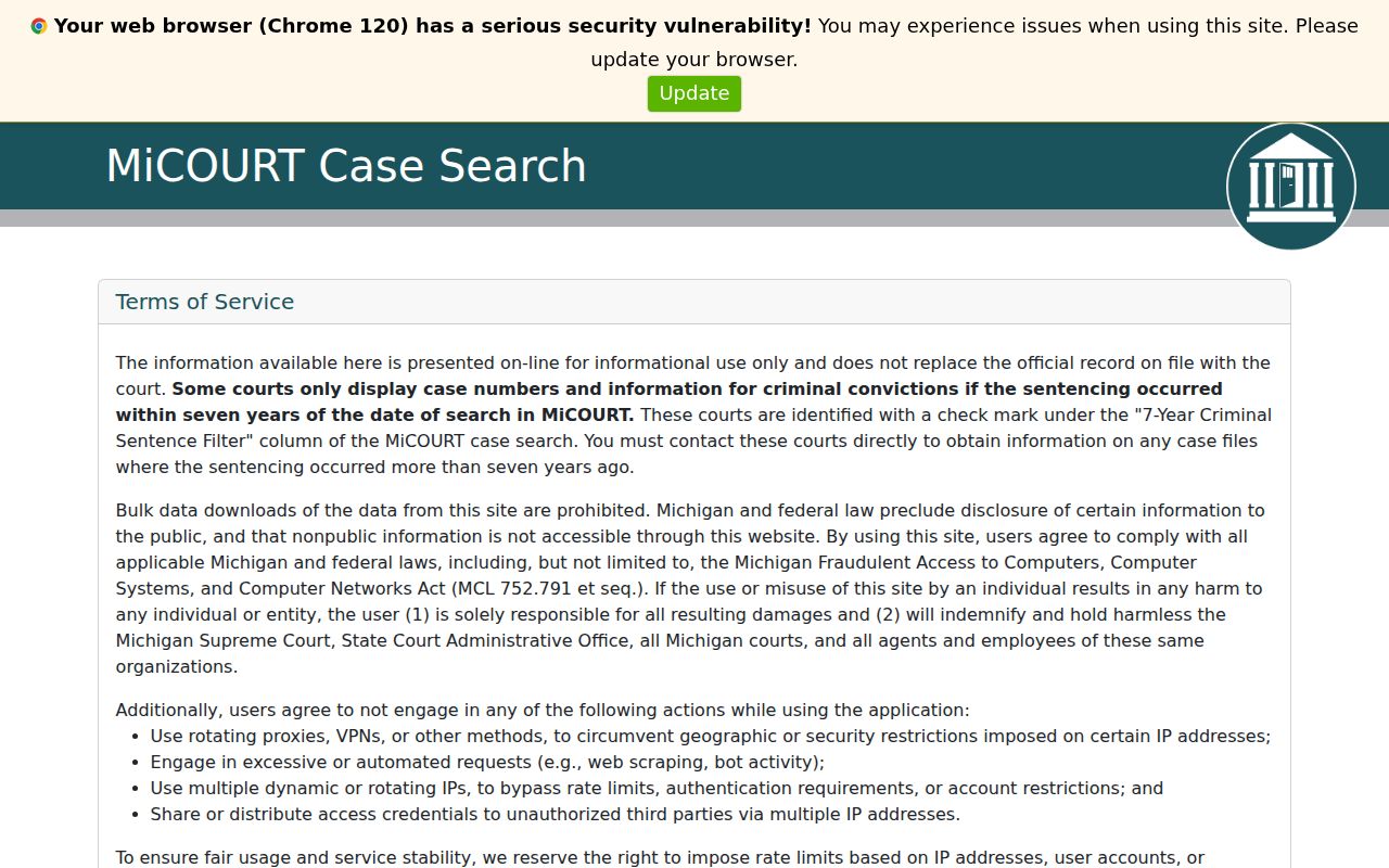 Ypsilanti Township resident lookup MiCOURT case search terms screen